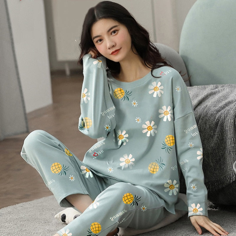 Pure Cotton Pajamas Women's Spring and Autumn Models Long-sleeved Home Service Women's Simple Loose Casual Suit Large Size 5XL