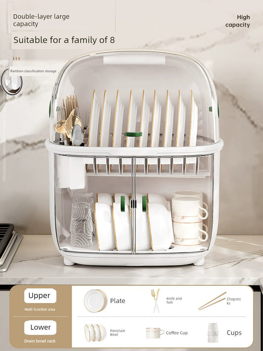 For Home Kitchen Double-Layer Cupboard with Lid Draining Storage Rack