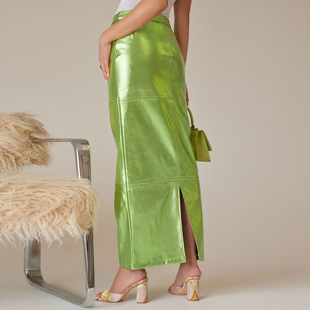 Sexy Sparkly Slit Long Skirts Women High Waist Metallic Green Slim Maxi Skirt 2023 Summer Harajuku Elegant Fairy Grunge Clothes