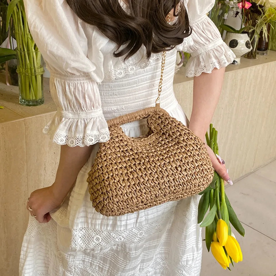 Retro Woven Clutch Bags for Women 2025 Straw Shell Chain Handbag Messenger Bag Ladies Holiday Beach Eco-friendly Crossbody Bag