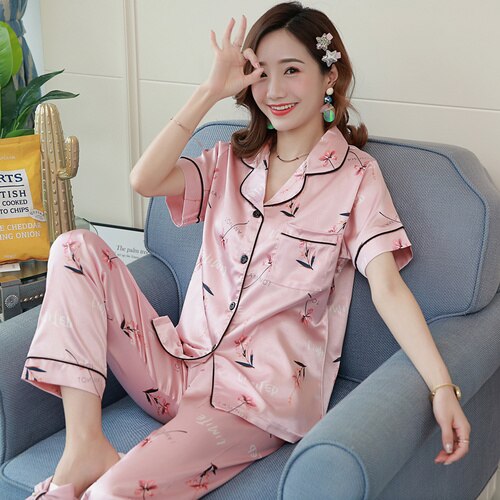 Short Sleeve Silk Pajamas Soft Women Summer Home Set Girl Sleepwear Pyjamas 3XL 4XL 5XL 85kg Nightwear Set Women Pjs