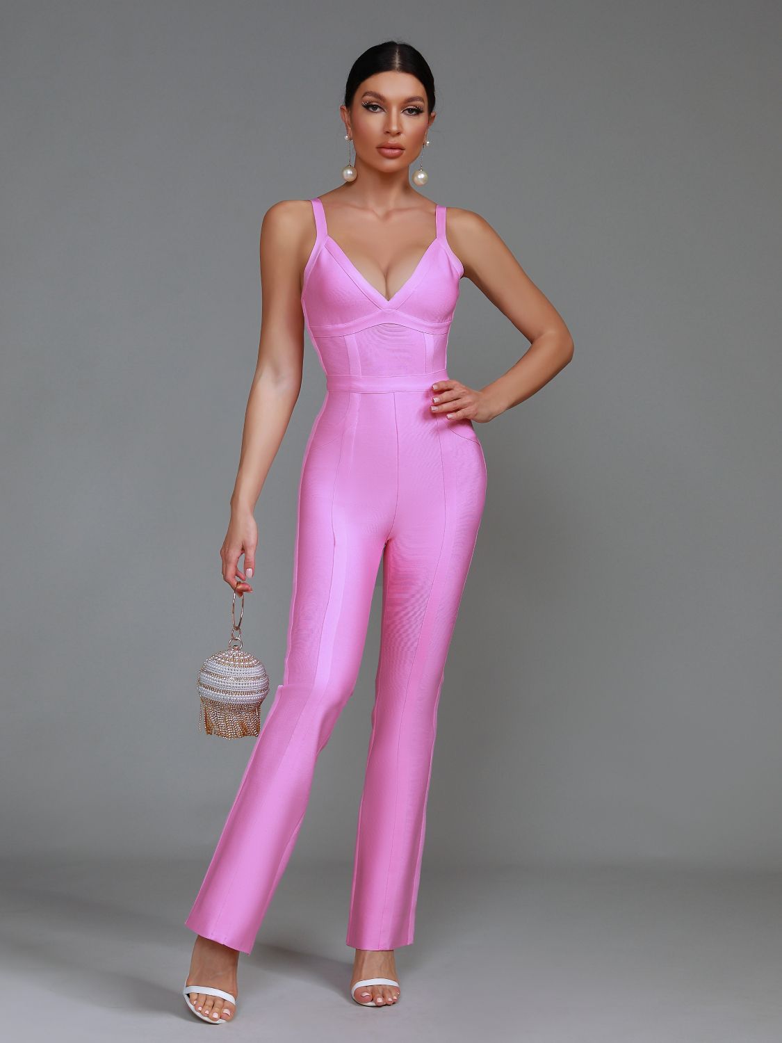 Ribbed Pink Bandage Jumpsuit Women Wide Leg Jumpsuit Bodycon Elegant Sexy Birthday Evening Party Club Outfits Summer 2023