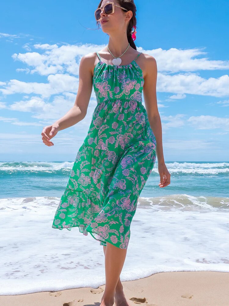 Sexy Floral Midi Dress Women Summer Casual Blue Backless Ruffle Big Hem Beach Dress Fashion A-line Slip New In Dresses 2023