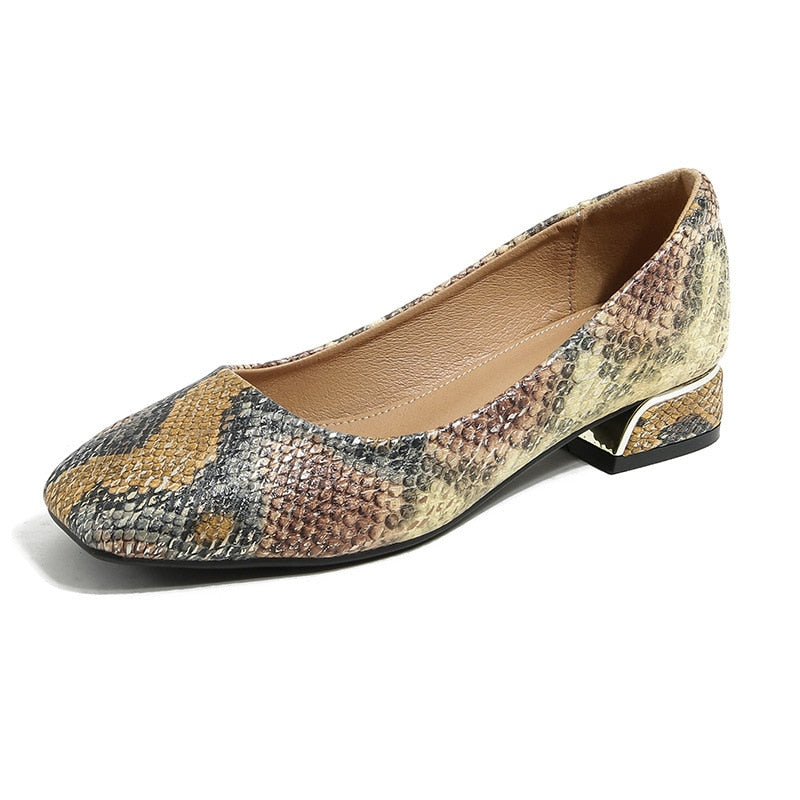 Snake Skin Square-toe Pumps Women Slippers Slip On Outdoor Casual Mules Shoes Thin Low Heel Elegant Womens Plat Heels