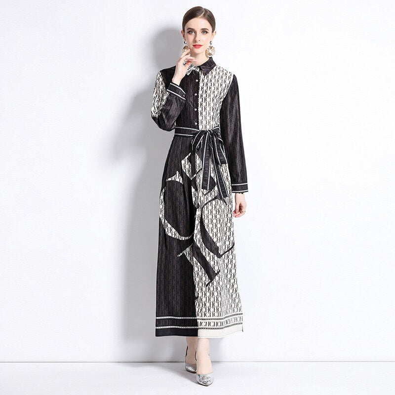 Runway Autumn Letter Print Shirt Dress Women's Lapel Collar Long Sleeve Lace Up Bow Belt A Line Vintage Party Vestidos M9881