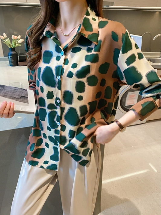 Women Fashion Elegant Chiffon Shirts Long Sleeve Leopard Print Casual Chic Party Blouses Female Outerwear Black Green Tops New