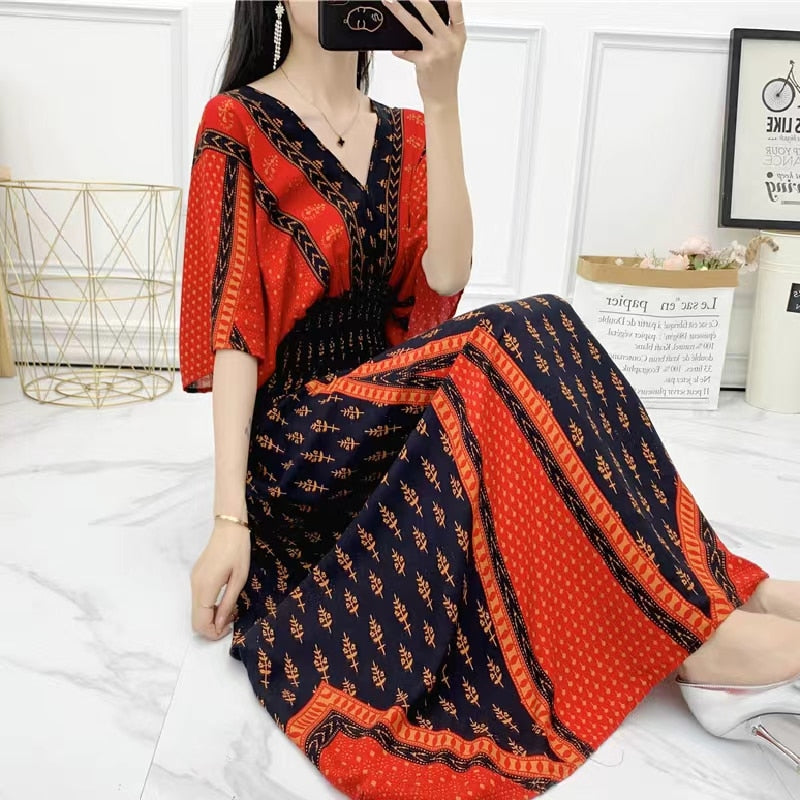 Casual Elegant Retro Style V-neck Tunic Large Swing Printed Dress Long Skirt