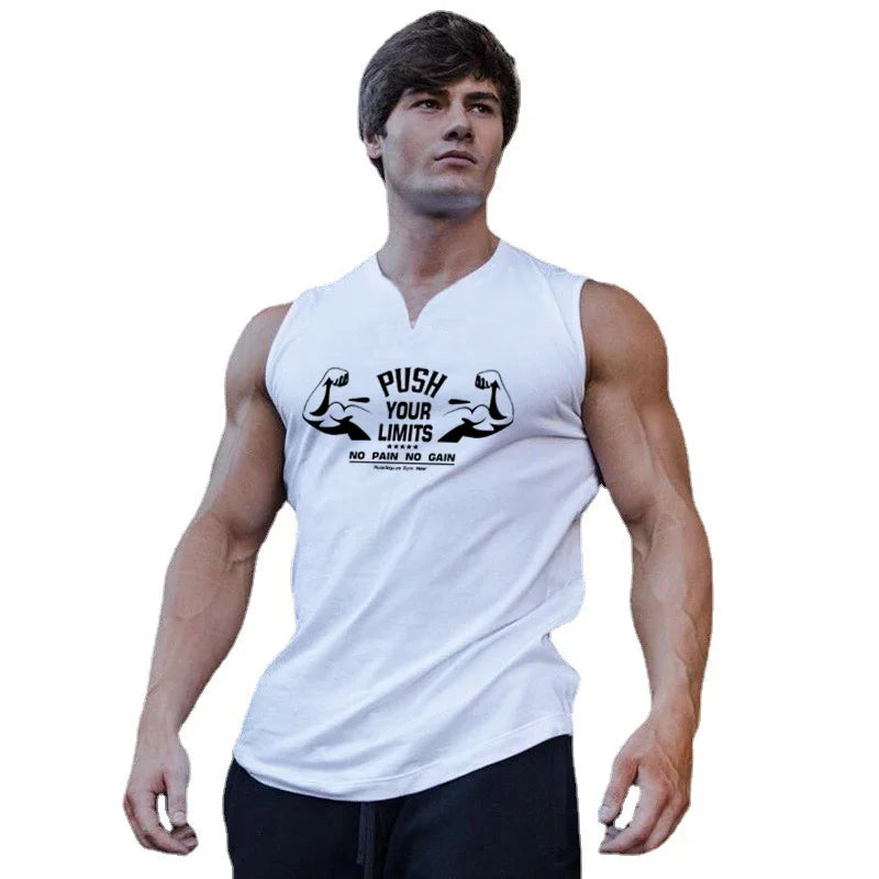 New Men V-neck Sports Tank Top Cotton Summer Muscle Vest Gym Clothing Bodybuilding Sleeveless Shirt Workout Fitness Singlets