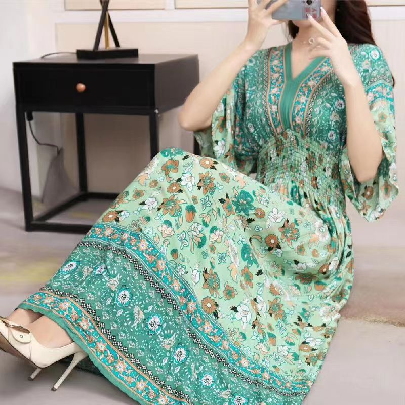 Casual Elegant Retro Style V-neck Tunic Large Swing Printed Dress Long Skirt