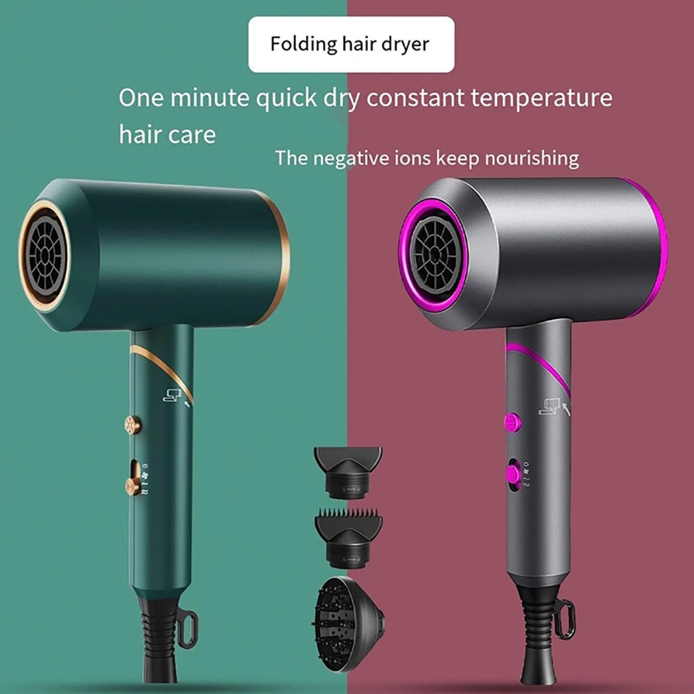 Foldable Handle Hair Dryer Hot and Cold Strong Wind Powerful Negative Ion Blower 2 Air Collecting 1 Diffuser Nozzle for Travels