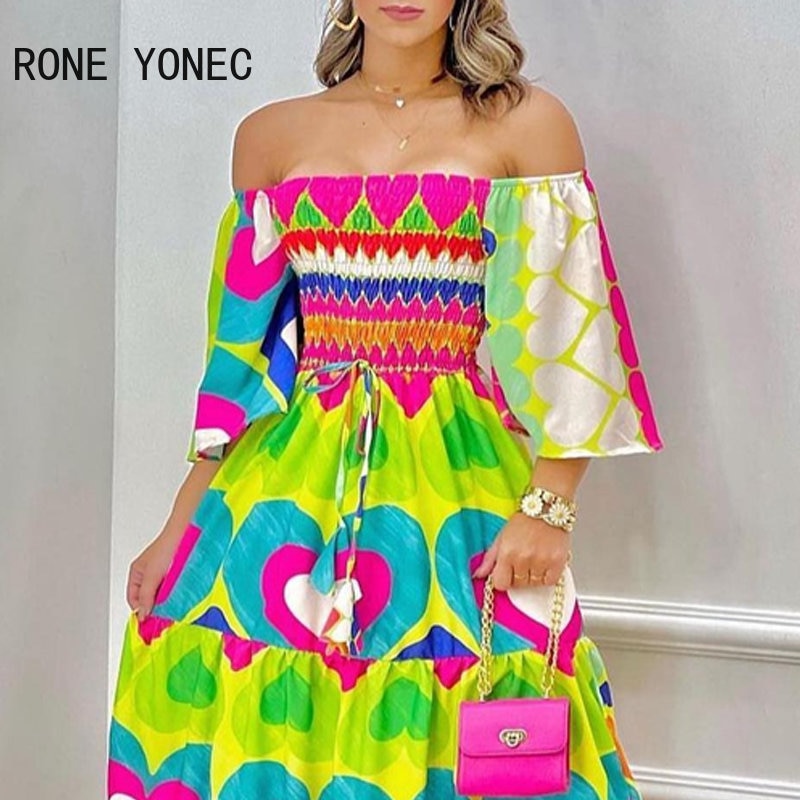 Women Dress 2023 Valentine&#39;s Day Heart Print Off Shoulder Maxi Dress Vacation Dresses