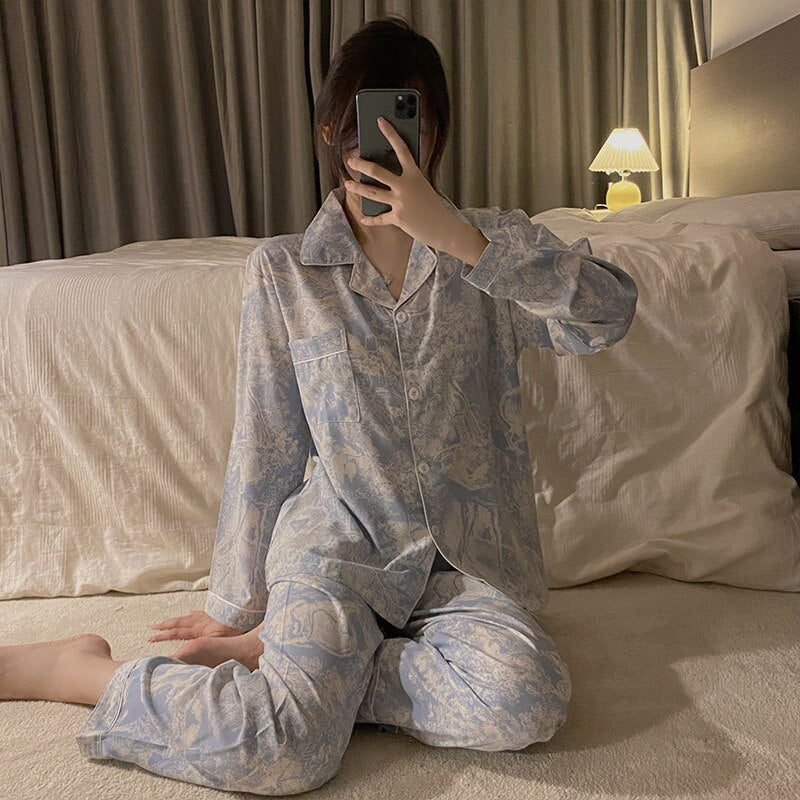 Women's 2 Piece Pajamas Set Floral Pijama Faux Silk Satin Pyjama Female Sleepwear Long Sleeve Lapel Shirt Pants Suits Homewear