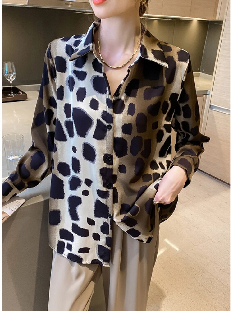 Women Fashion Elegant Chiffon Shirts Long Sleeve Leopard Print Casual Chic Party Blouses Female Outerwear Black Green Tops New