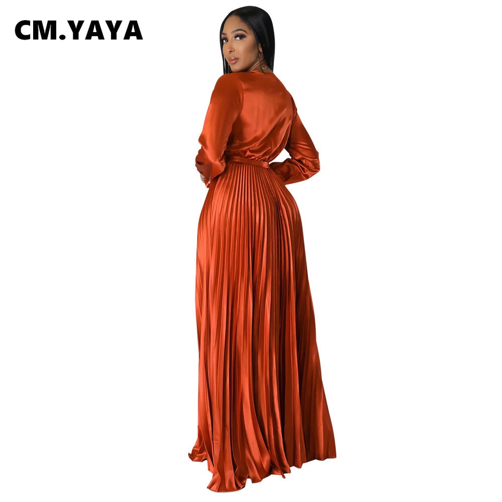 CM.YAYA Vintage Women Wrap V-neck Sashes Waist Pleated Maxi Dress Autumn Winter INS Big Swing Sexy Night Party Club Long Dresses