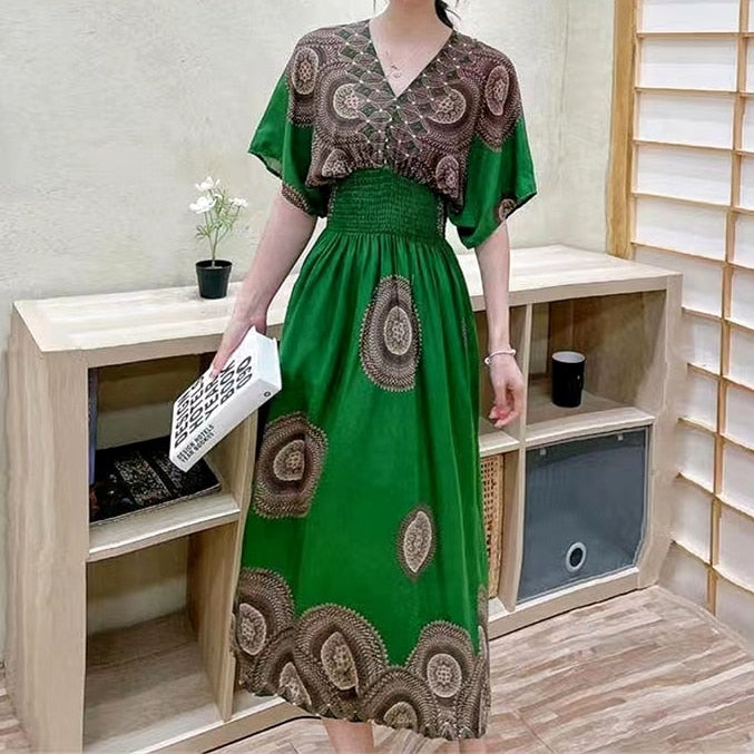 Casual Elegant Retro Style V-neck Tunic Large Swing Printed Dress Long Skirt