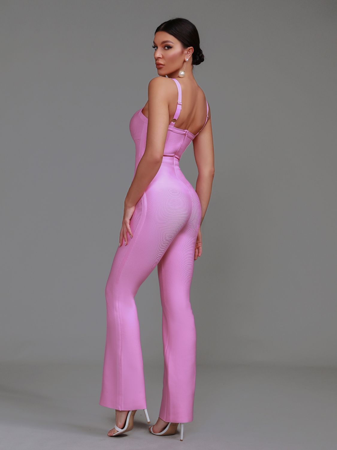Ribbed Pink Bandage Jumpsuit Women Wide Leg Jumpsuit Bodycon Elegant Sexy Birthday Evening Party Club Outfits Summer 2023