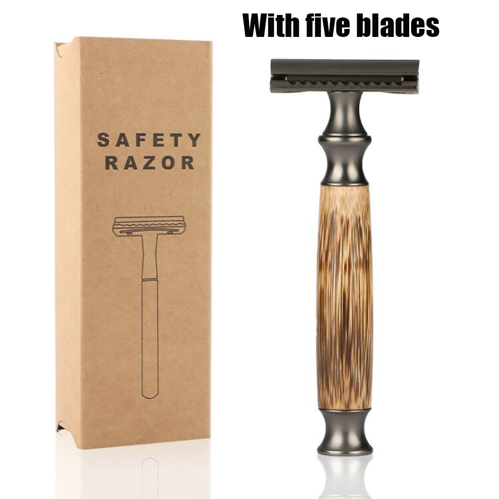 Old-fashioned Manual Control Razor Safety Fits All Double Edge Contains 5 Blades Eco Friendly Shaving Made Of Bamboo&amp;Zinc Alloy
