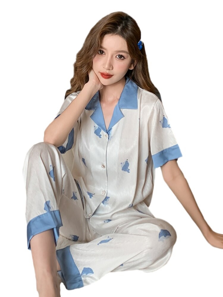 Summer Luxury Women Pajamas Set Faux Silk Pajamas Short Sleeve Two Piece Sleepwear Long Pants Nightwear Set Home Wear Clothes