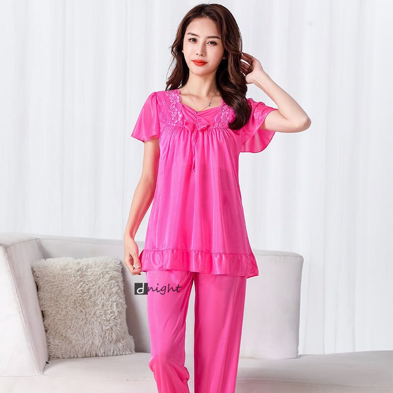 Women Home Clothing Big Nightshirt Shorts Summer Satin Silk Trousers Suit Women Middle-aged Lace Large 5XL Pajamas Bedroom Set
