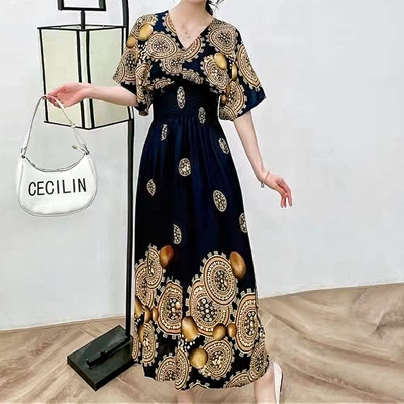 Casual Elegant Retro Style V-neck Tunic Large Swing Printed Dress Long Skirt