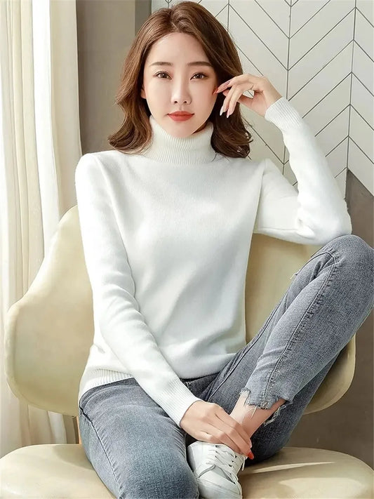 Turtleneck Winter Sweater Women Elegant Thicken Velvet Lined Warm Sueter Knitted Pullover Slim Tops New Jersey Knitwear Jumper