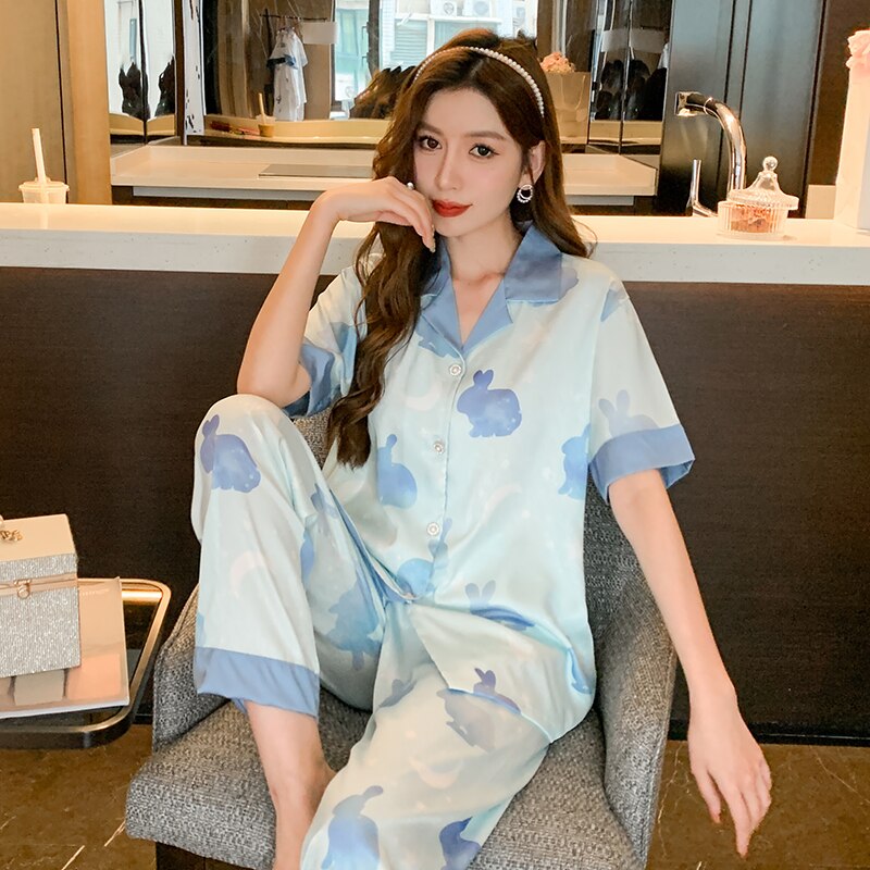 Summer Luxury Women Pajamas Set Faux Silk Pajamas Short Sleeve Two Piece Sleepwear Long Pants Nightwear Set Home Wear Clothes