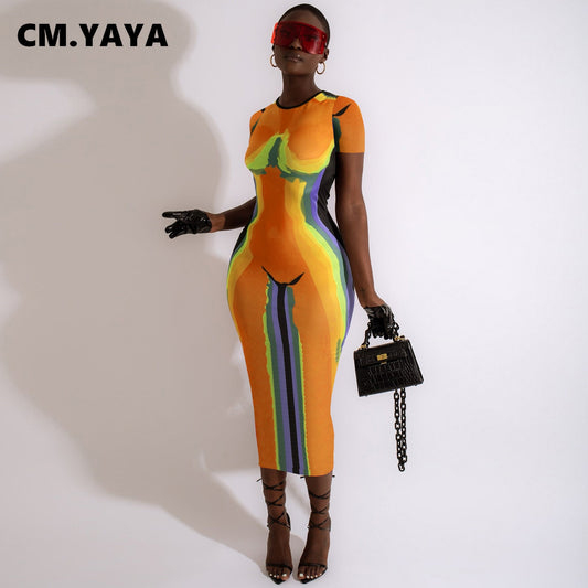 CM.YAYA Women 3D Printed Short Sleeve O-neck Bodycon Midi Maxi Dress for 2022 Summer Sexy Night Party Clubwear Long Dresses