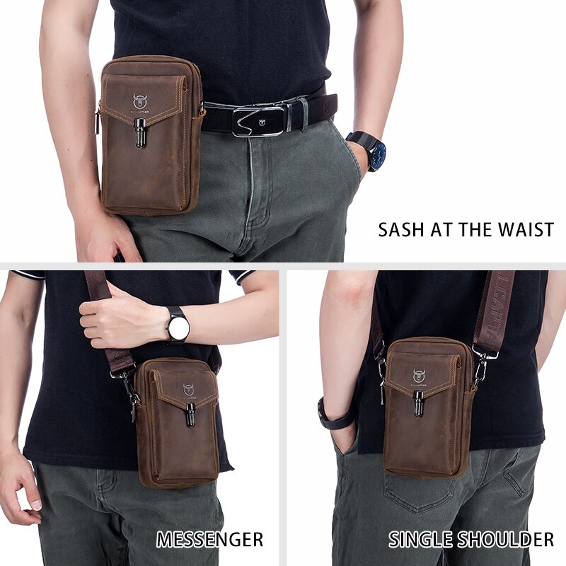 BULLCAPTAIN Crazy Horse Leather Men's Waist Bags Multifunctional 7-inch Mobile Phone Bag Bag Male Shoulder Messenger Bages Brown