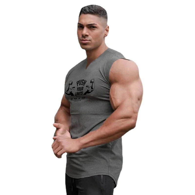 New Men V-neck Sports Tank Top Cotton Summer Muscle Vest Gym Clothing Bodybuilding Sleeveless Shirt Workout Fitness Singlets