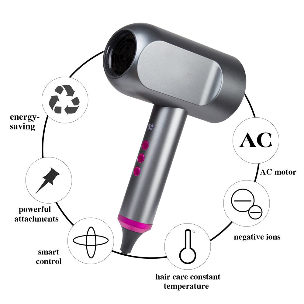 Anion Hair Dryer Hot and Cold Strong Wind Blower Powerful Smart Control Blow  5Speed 2 Gear Heat Setting  Care  Nozzle