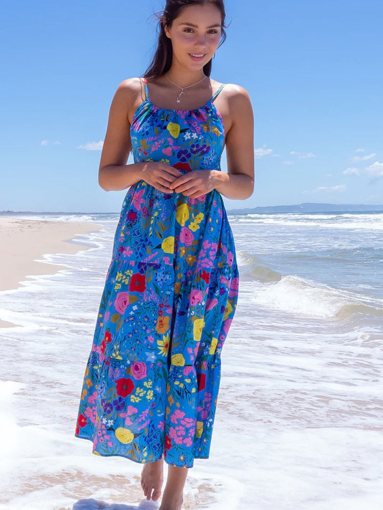 Sexy Floral Midi Dress Women Summer Casual Blue Backless Ruffle Big Hem Beach Dress Fashion A-line Slip New In Dresses 2023