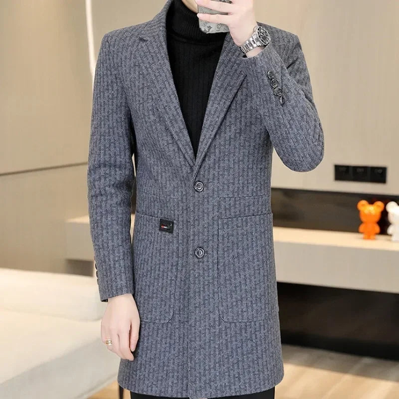 High-quality Long Woolen Coats for Men Autumn Winter Thickened Warm Casual Business Trench Coat Social Streetwear Overcoat 2023
