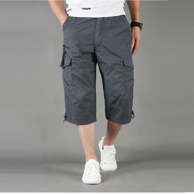 New Calf-Length Pants Men Summer Multi Pocket Loose Casual Cargo Pants Cotton Short Pant Mens Joggers Troursers Plus Size M-5XL