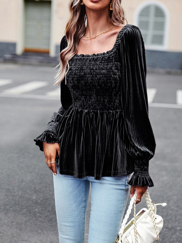 Elegant Velvet Women&#39;s Blouse Black Square Collar Long Sleeve Top Fashion Youth Ruffle Shirts Autumn Clothes For Women 2023 New