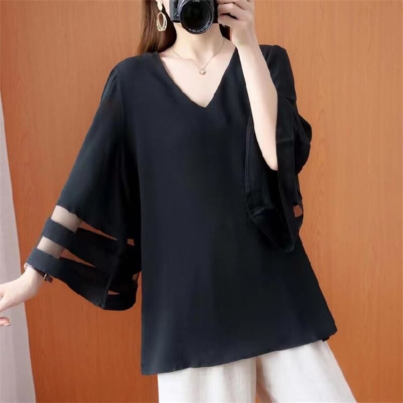 Sweet Elegant Casual V-neck Flare Sleeve Splicing Mesh Solid Color Loose Plus Size Chiffon Clothes For Woman Shirt Tops Blouses