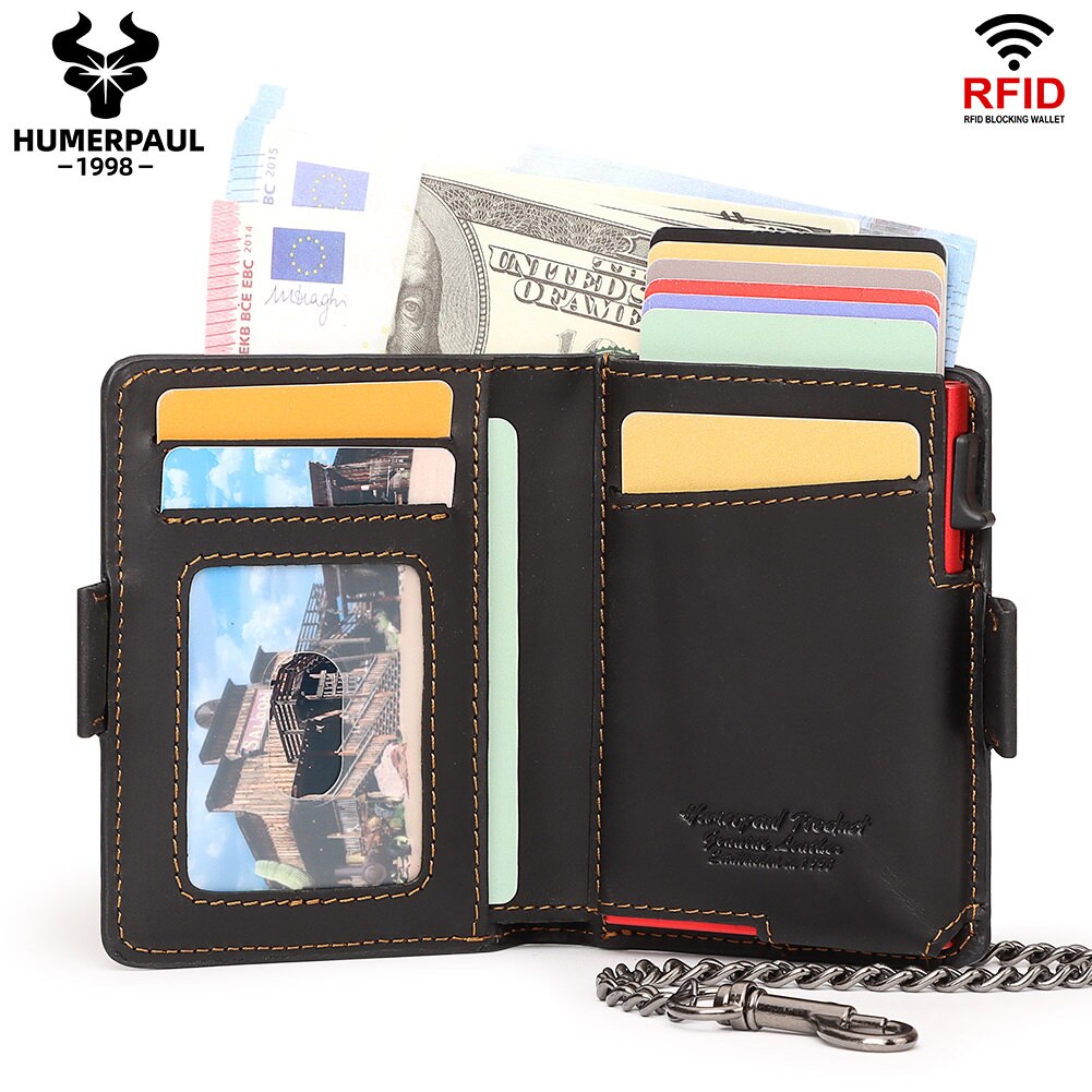 HUMERPAUL AirTag Pop-up Card Holder Purse RFID Protect Credit Cardholder Crazy Horse Leather Men's Wallet with Chain Coin Pocket