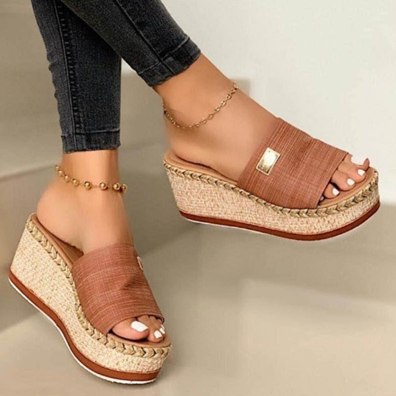 Women Wedges Slippers 2020 Ladies Hemp High Heels Platform Summer Women&#39;s Casual Woman Fashion Denim Female Peep Toe Beach Shoes