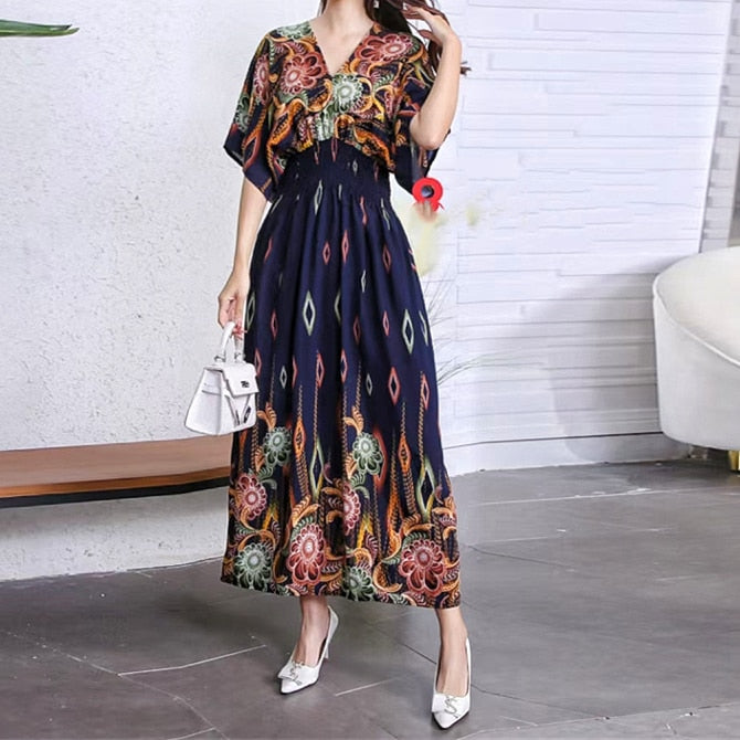 Casual Elegant Retro Style V-neck Tunic Large Swing Printed Dress Long Skirt