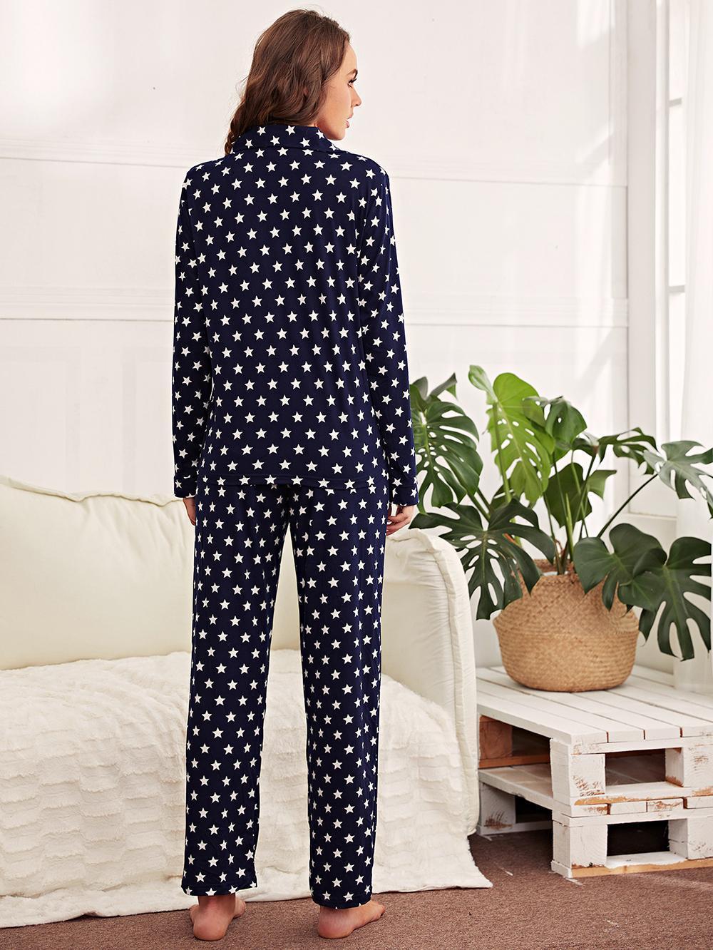 European and American pajamas female autumn and winter star NNS81-Navy print cardigan long-sleeved home clothes suit