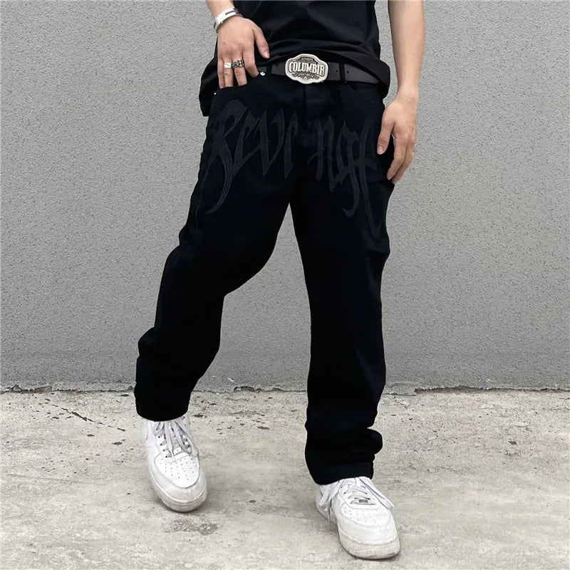 Y2K Black Baggy Jeans Men's New Streetwear American Retro Printed Letter Pants Straight Hip-hop Loose Denim Trousers