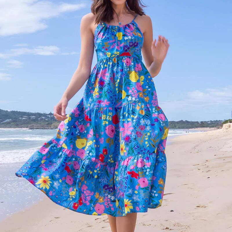 Sexy Floral Midi Dress Women Summer Casual Blue Backless Ruffle Big Hem Beach Dress Fashion A-line Slip New In Dresses 2023