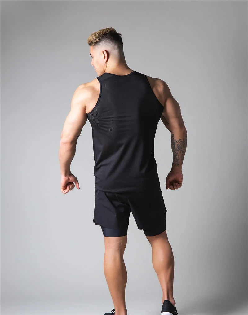 Men's Fitness Gym Mesh Breathable Striped Tank Top Men's Sleeveless Shirts Men's Sports Tank Top Gym Running Crew Tank Top Men's