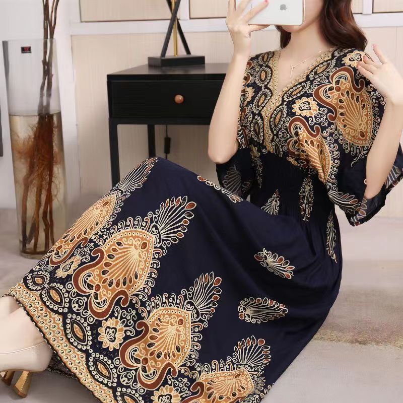 Casual Elegant Retro Style V-neck Tunic Large Swing Printed Dress Long Skirt