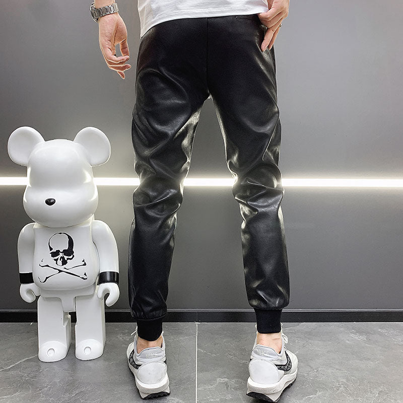 Hot 2023 new men's pu leather straight pants motorcycle casual skinny trousers Black size 28-36 A106