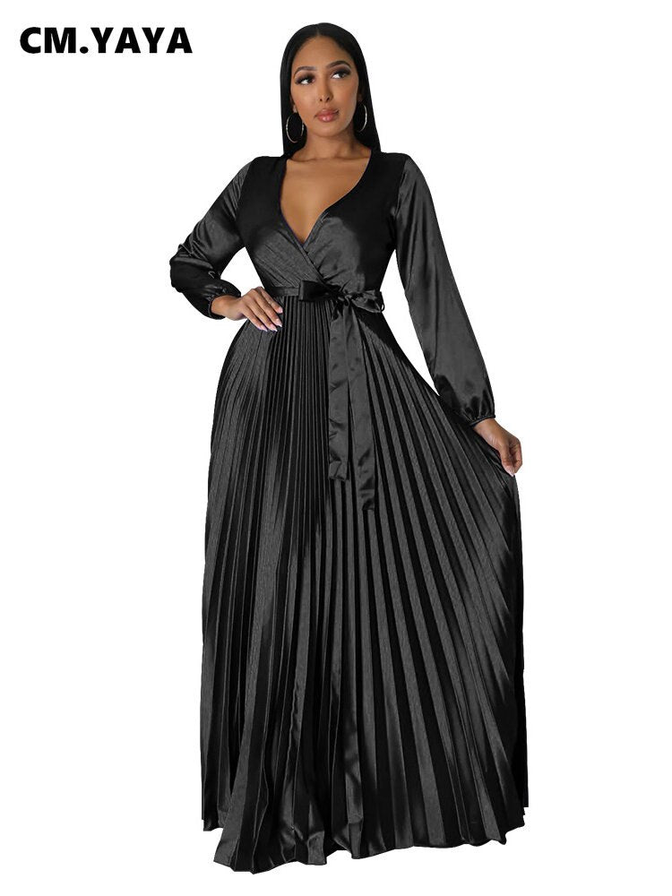 CM.YAYA Vintage Women Wrap V-neck Sashes Waist Pleated Maxi Dress Autumn Winter INS Big Swing Sexy Night Party Club Long Dresses