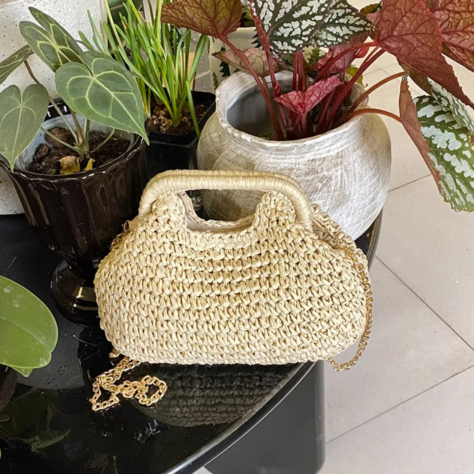 Retro Woven Clutch Bags for Women 2025 Straw Shell Chain Handbag Messenger Bag Ladies Holiday Beach Eco-friendly Crossbody Bag
