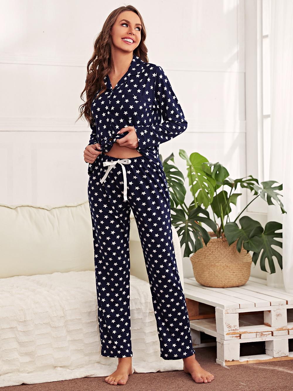 European and American pajamas female autumn and winter star NNS81-Navy print cardigan long-sleeved home clothes suit