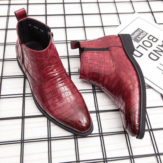 Luxury Leather Red Boots Man Bright Crocodile Chelsea Boots Men Pointed Zipper Men's Ankle Boots Big Size 46 botina masculina