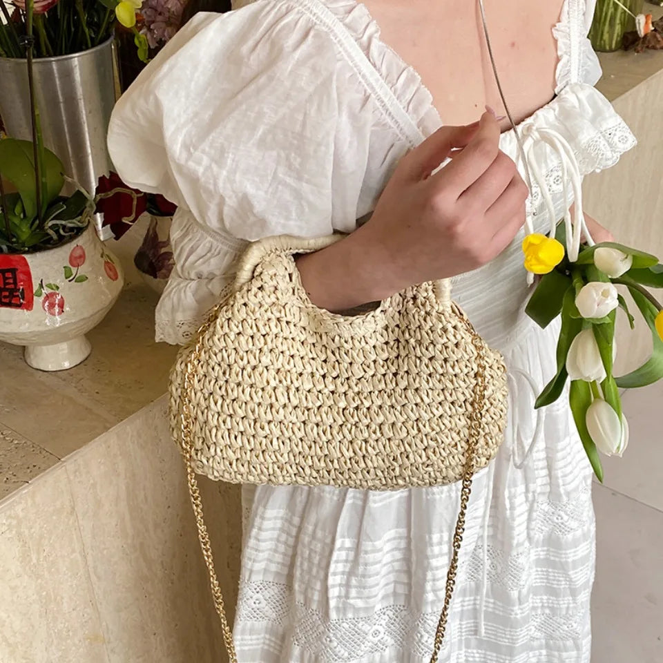 Retro Woven Clutch Bags for Women 2025 Straw Shell Chain Handbag Messenger Bag Ladies Holiday Beach Eco-friendly Crossbody Bag
