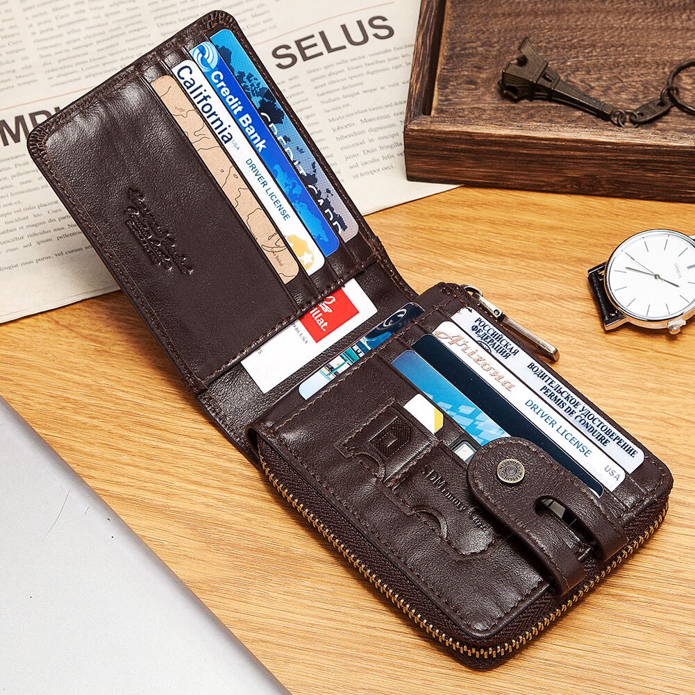 Classic Style Wallets for Men Short Genuine Leather Male Coin Pocket Multi Function RFID Credit Card Holder with ID Window